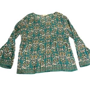 Max Studio Green Floral Accordion Bell Sleeve Top | Women's S
